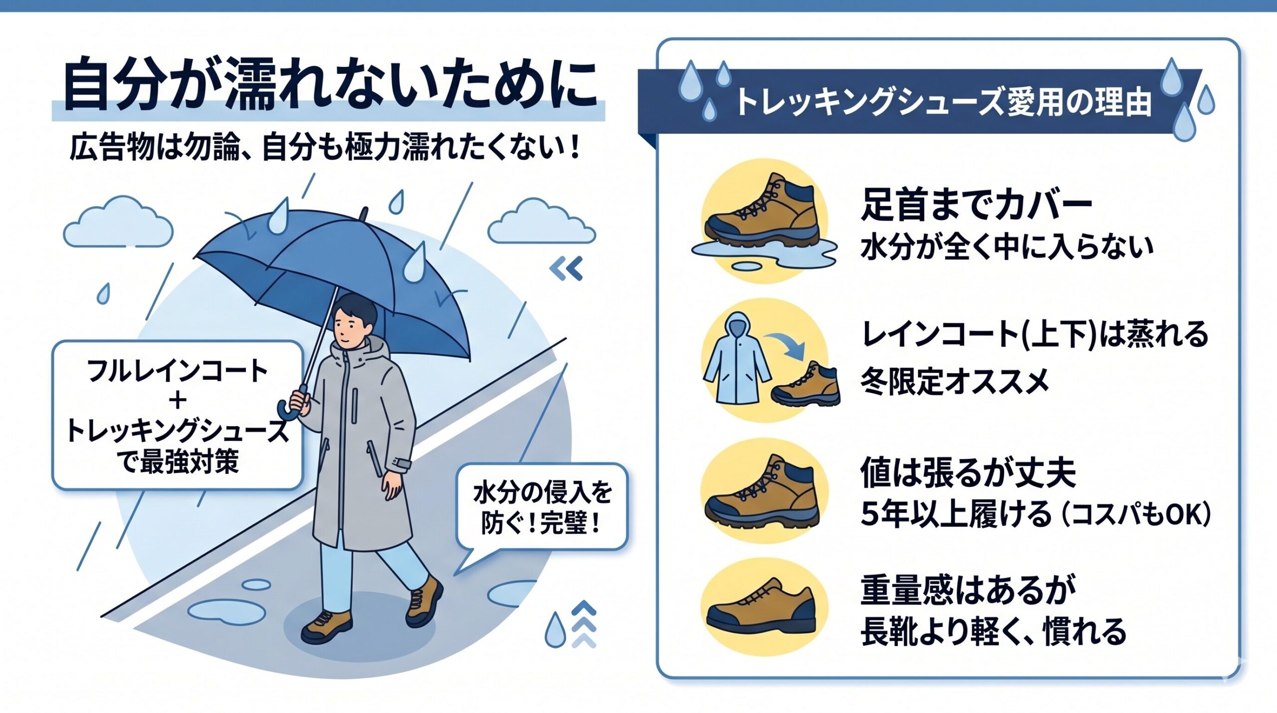 雨の日の防水対策として、レインコートとトレッキングシューズの利点をまとめた図解イラストです。