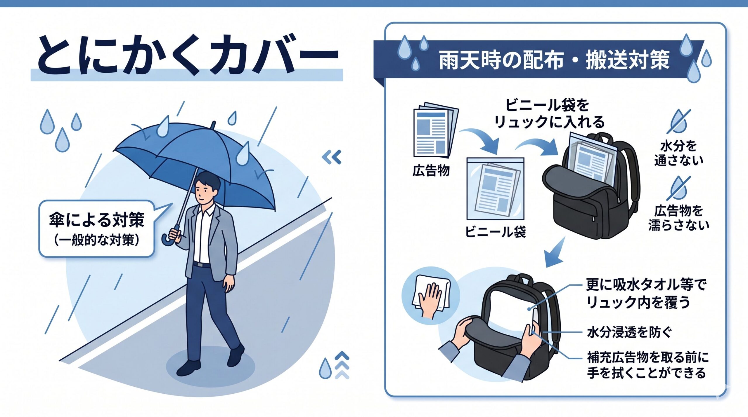 雨天時の広告物配布・搬送対策として、ビニール袋やタオルで濡れを防ぐ手順を解説した図解です。