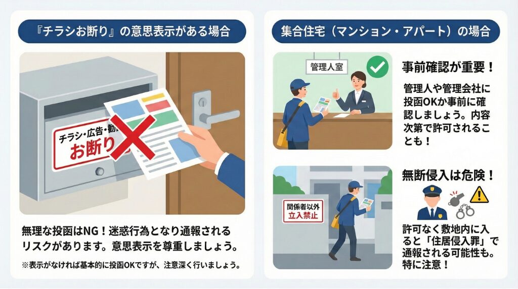 ポスティングの注意点。お断り表示の尊重や集合住宅での投函ルールを解説しています。