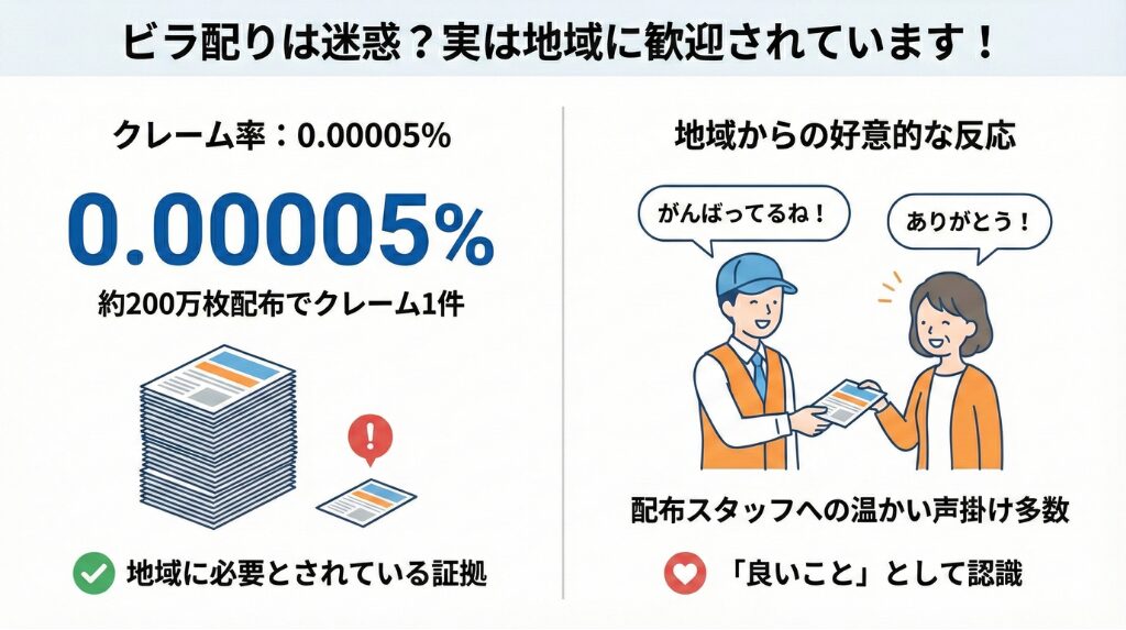 ビラ配りのクレーム率が0.00005%と低く、地域から好意的に受け入れられているデータ図です。