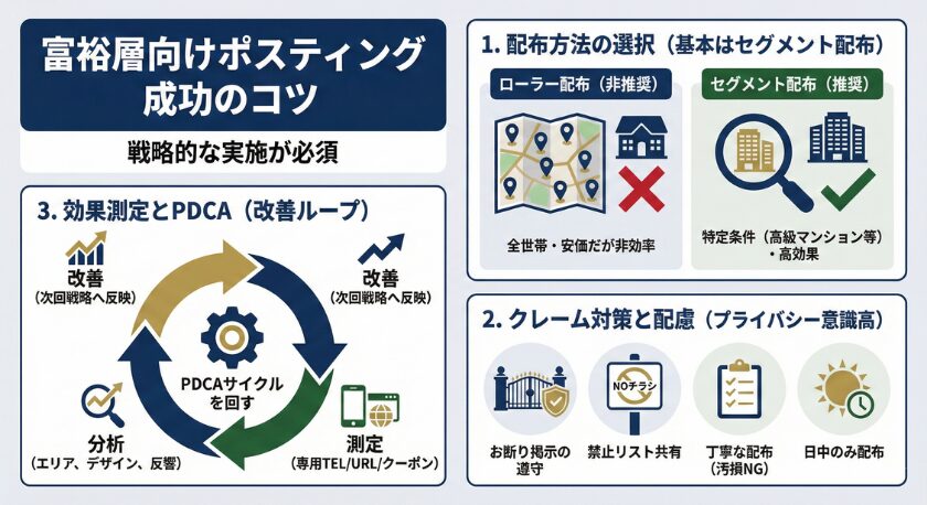 富裕層ポスティング成功のための、セグメント配布、クレーム対策、PDCA改善ループを解説した戦略図です。