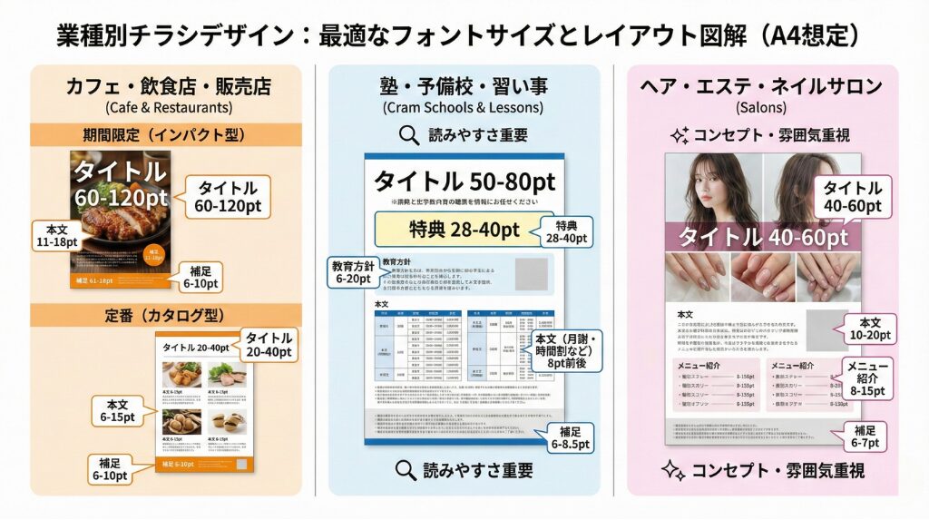 業種別チラシデザインの最適なフォントサイズとレイアウトを図解で解説しています。