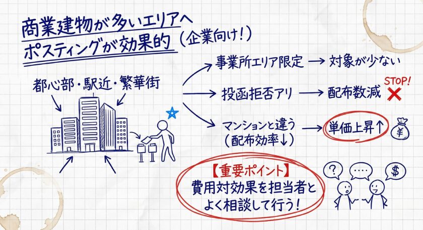 企業向けポスティングのメリットと単価上昇の注意点を図解で説明しています。