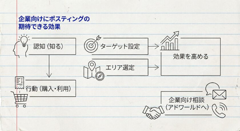 企業向けポスティングが期待できる効果フロー。認知、行動、ターゲット設定とエリア選定による効果向上図です。
