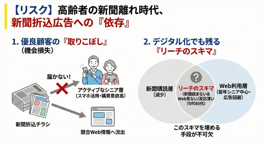 高齢者の新聞離れとデジタル化による「リーチのスキマ」を示す、マーケティングリスクの解説図です。
