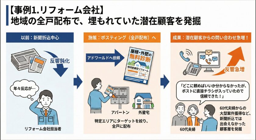 リフォーム会社がポスティング（全戸配布）で反響を急増させ潜在顧客を発掘した事例フロー図です。