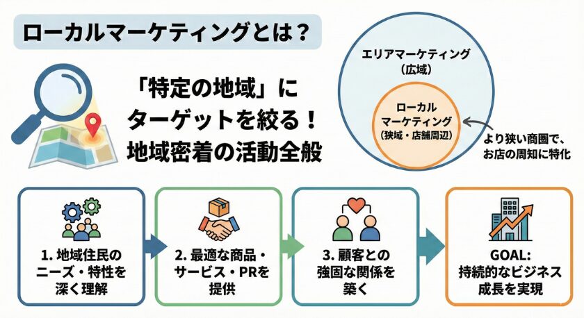 ローカルマーケティングの定義と、地域密着によるビジネス成長を実現するための4ステップを図解した資料です。