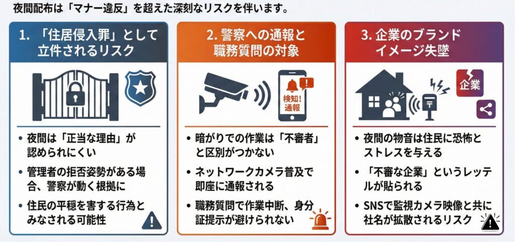 夜間配布による住居侵入罪、警察通報、企業イメージ失墜リスクを解説する図です。