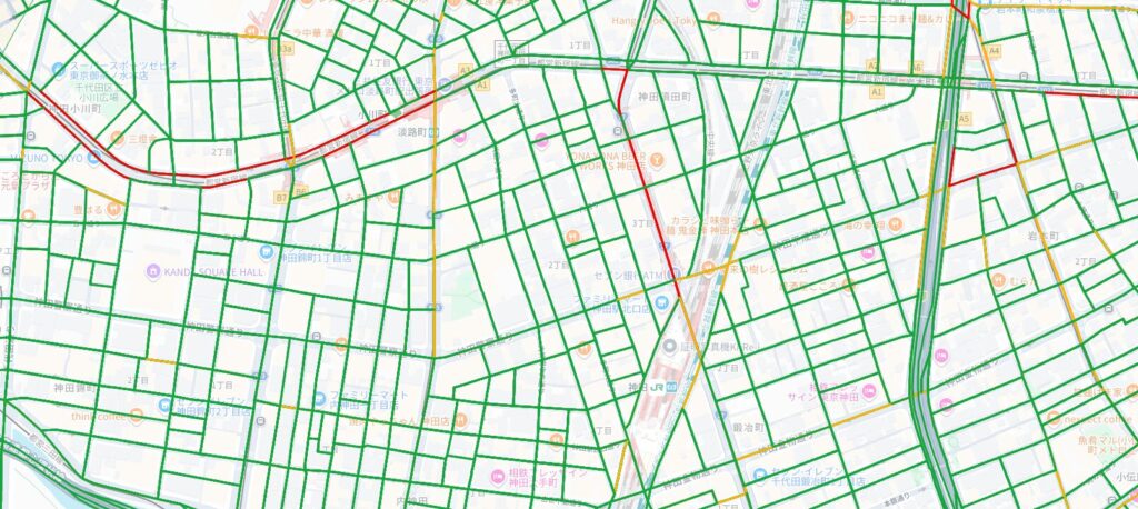 東京都の神田駅近辺の人流データの見本マップ
