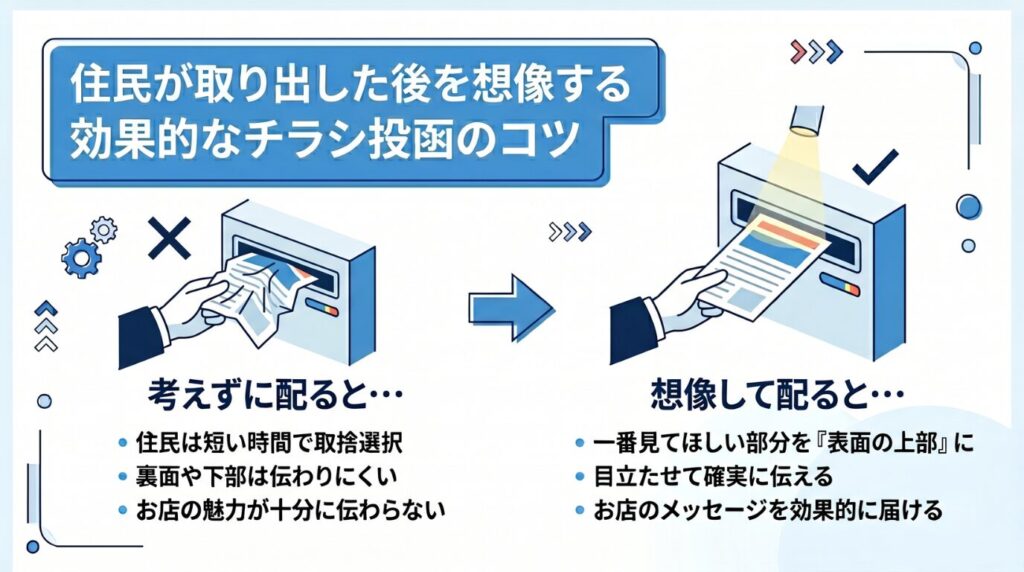 投函状態によってチラシの効果が変わることを説明したイラスト