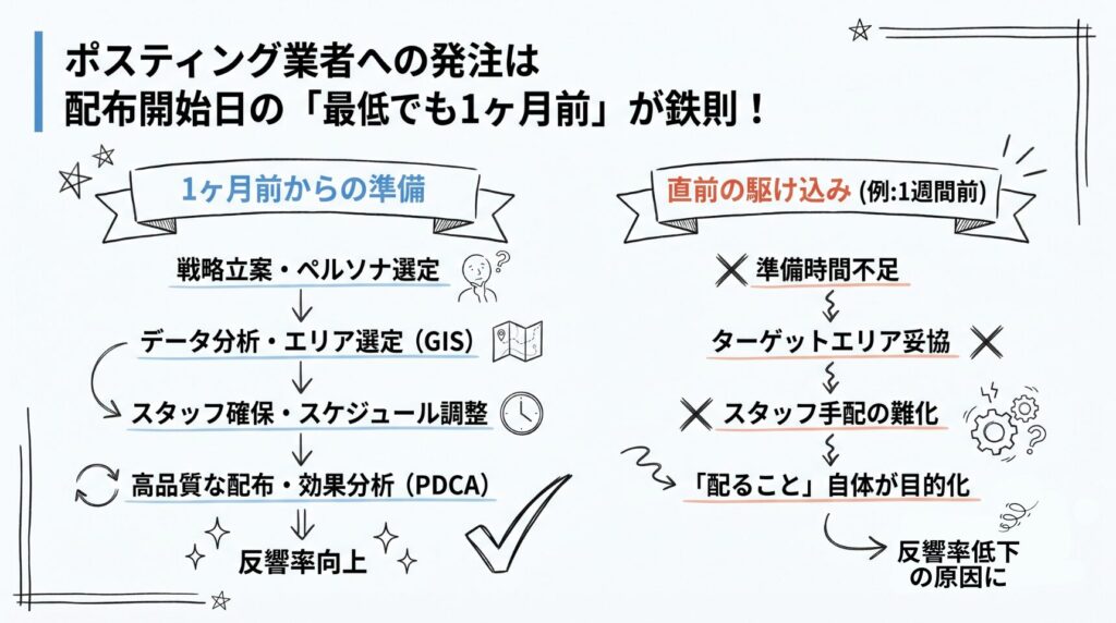 ポスティング発注のタイミングは1ヵ月前が鉄則であることを示したイラストです。