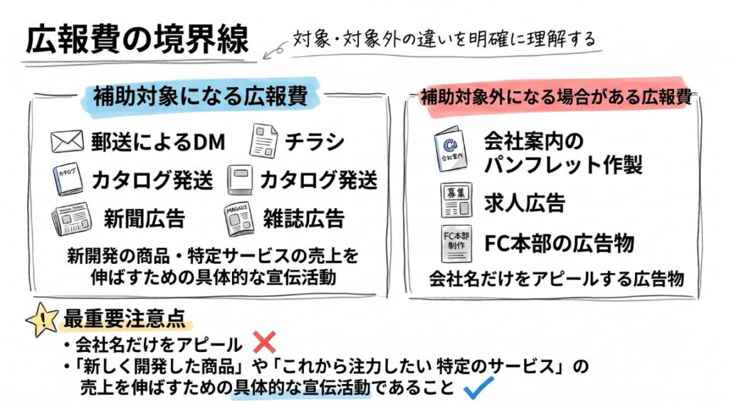 小規模事業者持続化補助金の対象となる広告費とならない場合を示したイラストです